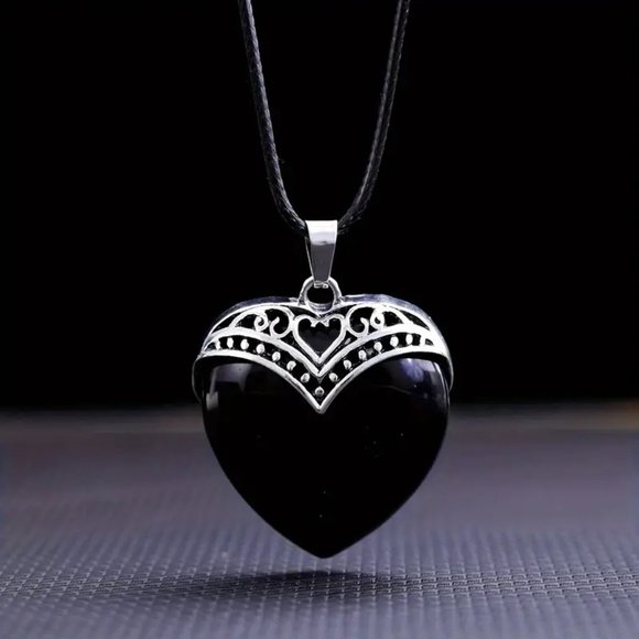 Black Obsidian Natural Gemstone Heart Pendant Necklace Healing Gemstone Pendant - Picture 2 of 2
